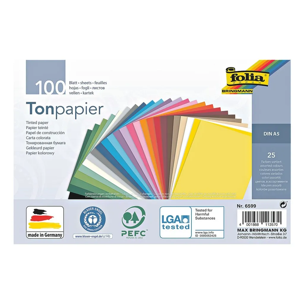 folia Tonpapier DIN A5 130 g/qm 25 Farben sortiert 100 Blatt